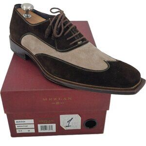 Mezlan Spain Mens size 9.5 Brown Beige Suede Leather Wingtip Oxfords Dress Shoes